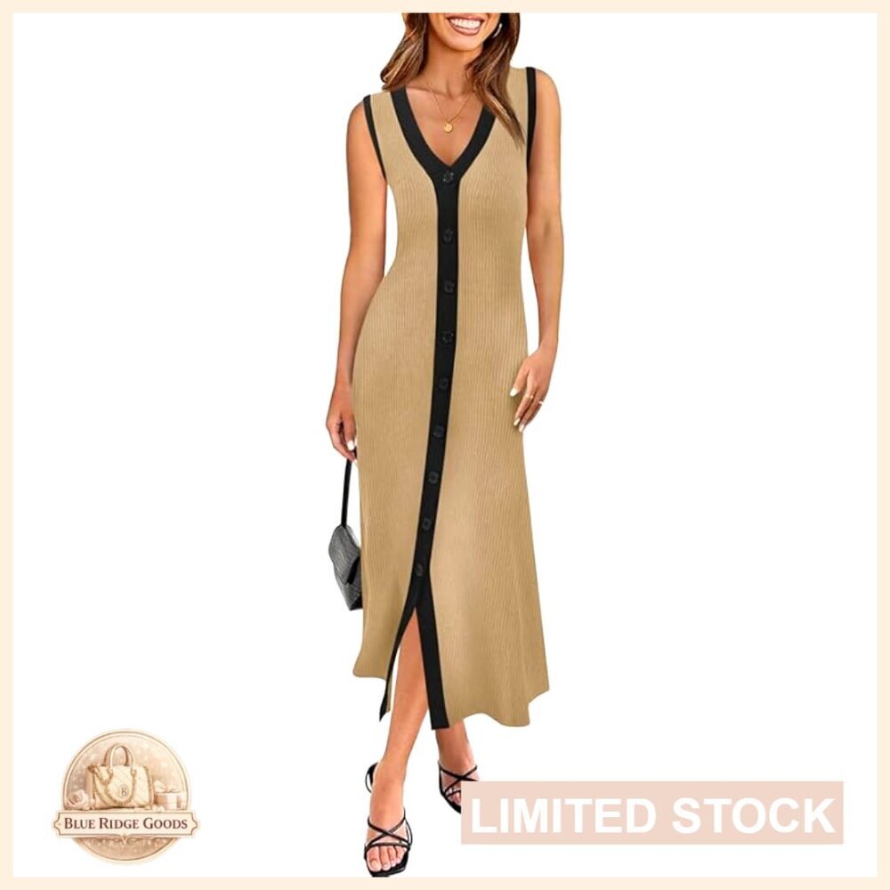 Sleeveless V-Neck Button Down Sweater Dress Ribbed Knit Midi Casual Chic